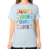 Unisex T-Shirt (on woman) Light blue neveragaintobemade