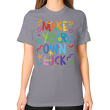 Unisex T-Shirt (on woman) Slate neveragaintobemade