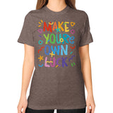 Unisex T-Shirt (on woman) Tri-Blend Coffee neveragaintobemade